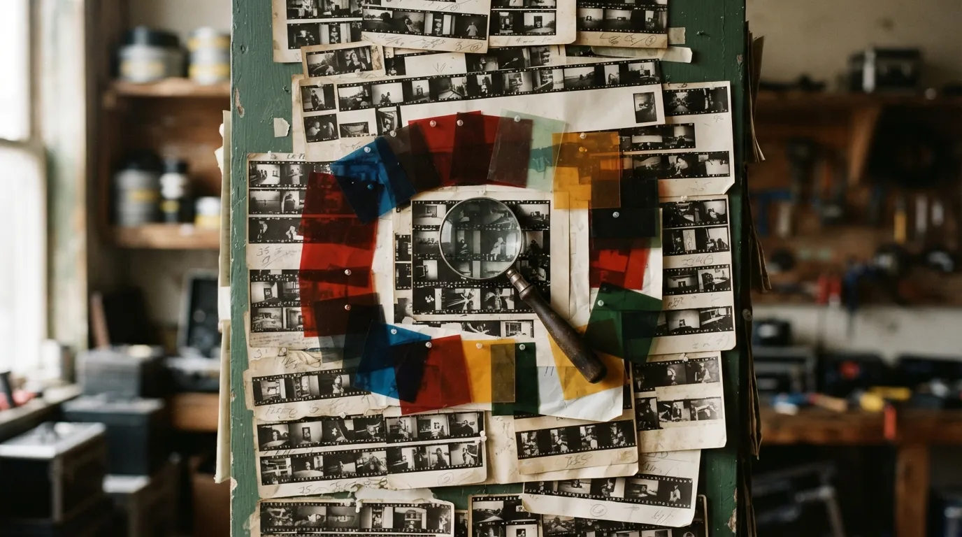 Mur de planches-contacts et de gélatines de couleur épinglées en grille