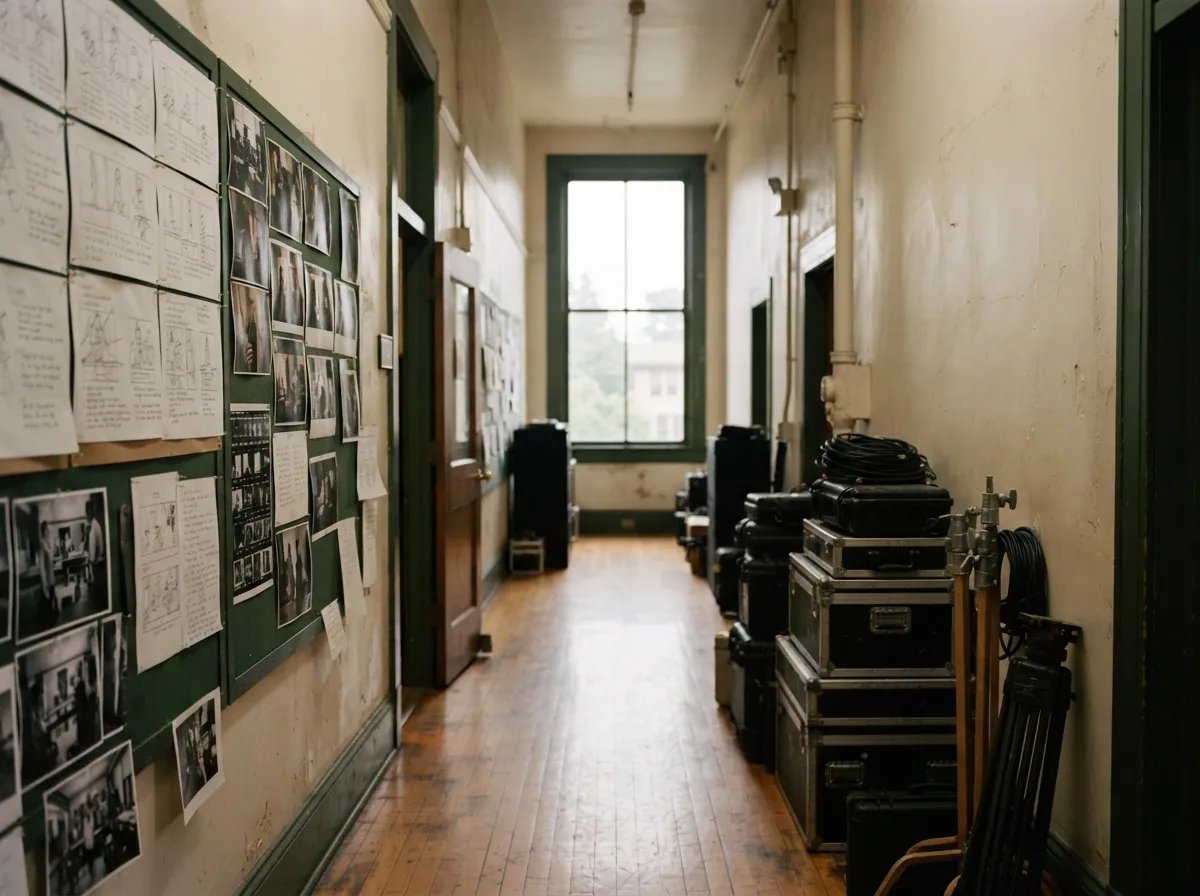Couloir d’école de cinéma tapissé de storyboards et de planches-contacts