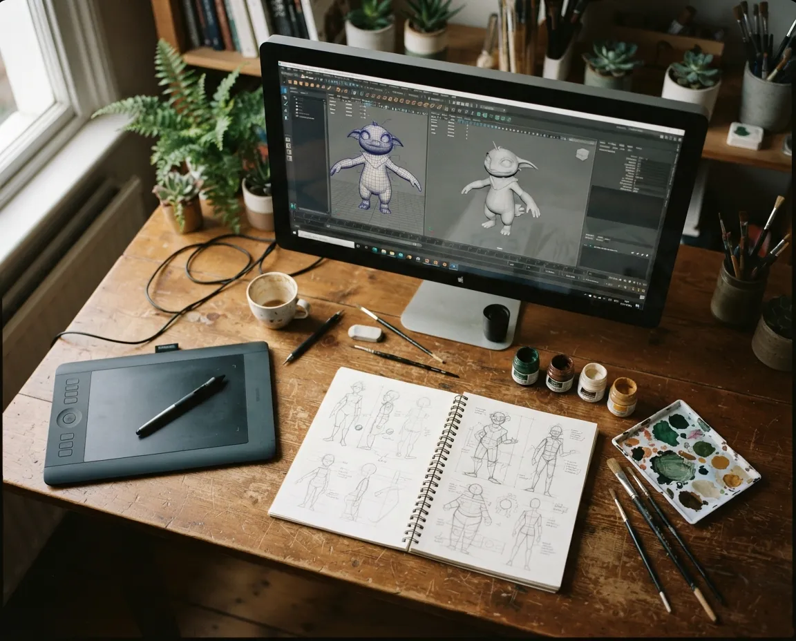 Poste d’animation 3D vu de dessus, tablette graphique et carnet de recherches