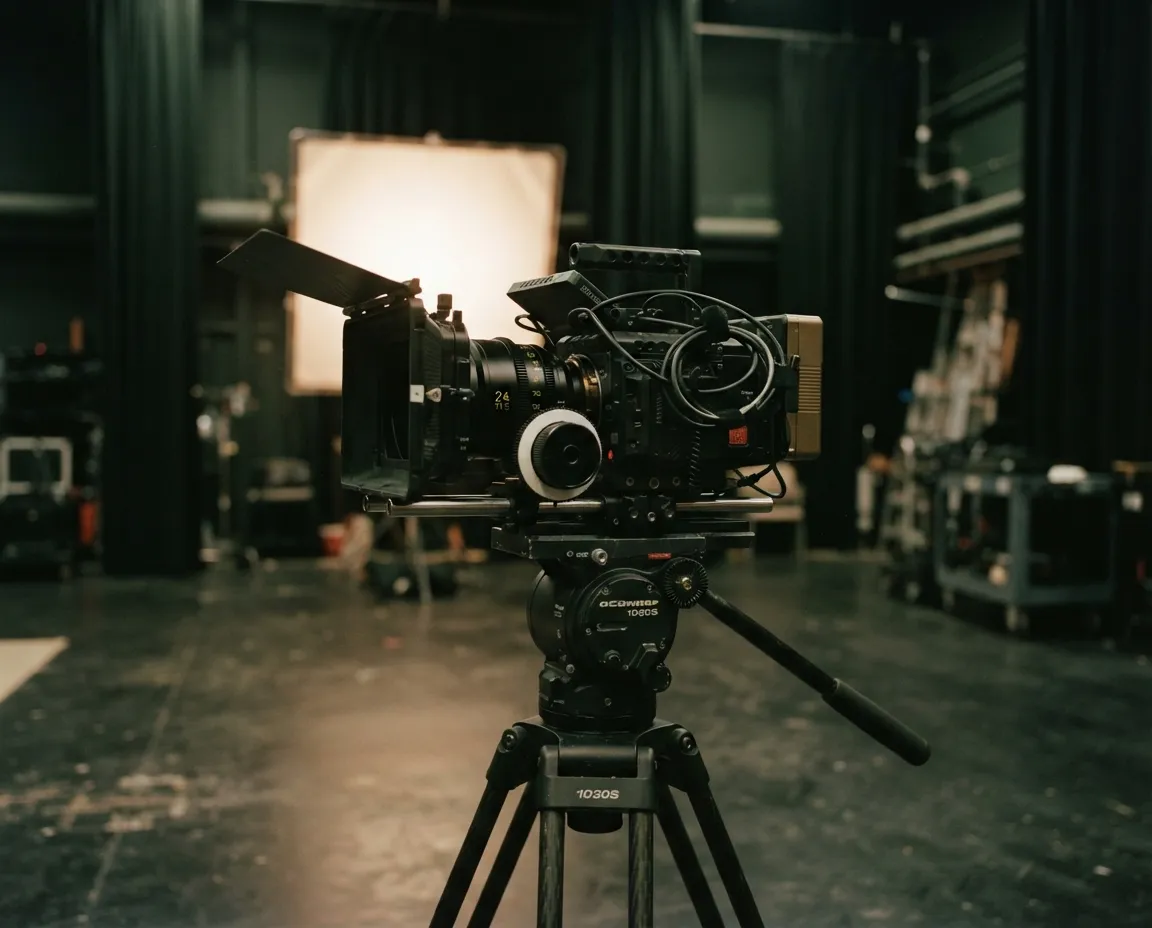 Caméra de cinéma sur trépied dans un plateau d’école, mattebox monté