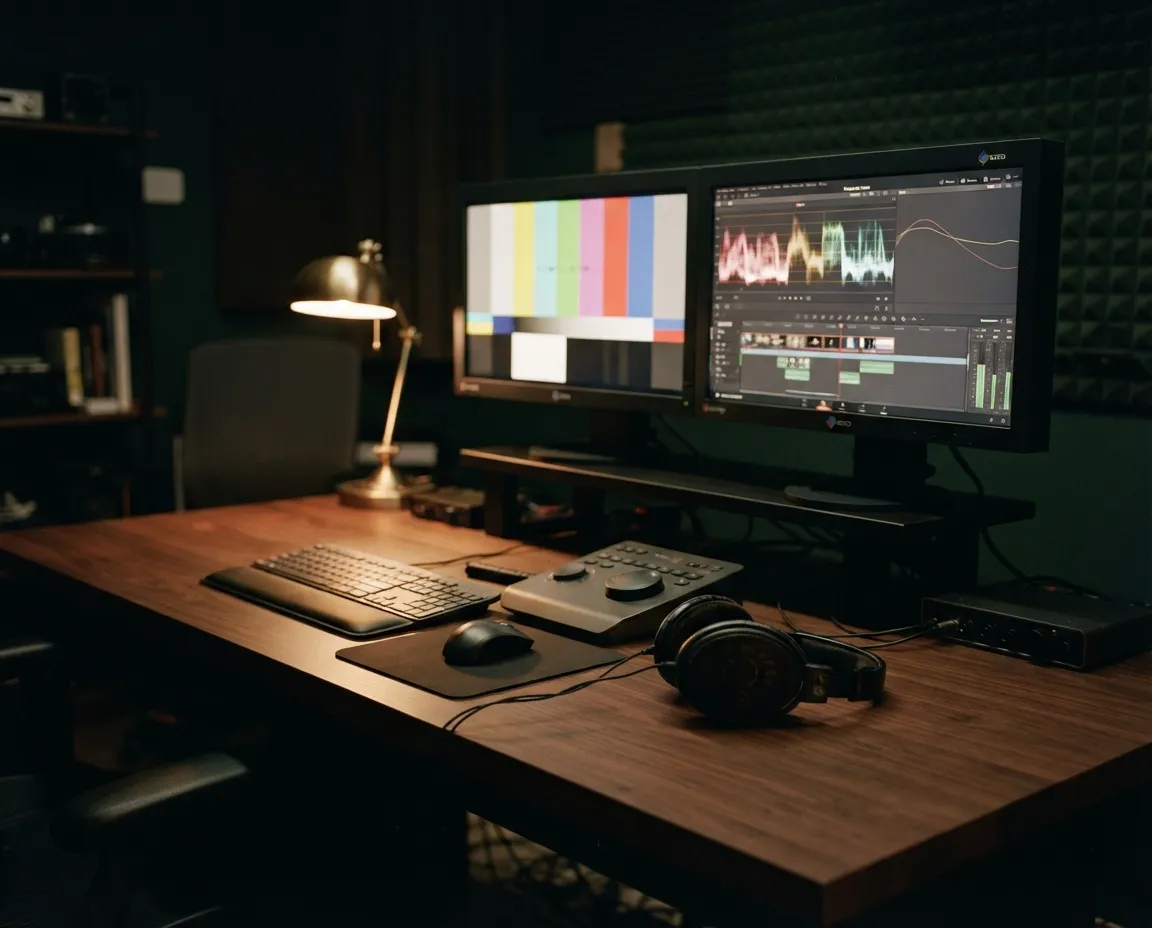 Banc de montage vide : deux moniteurs calibrés et un casque de studio