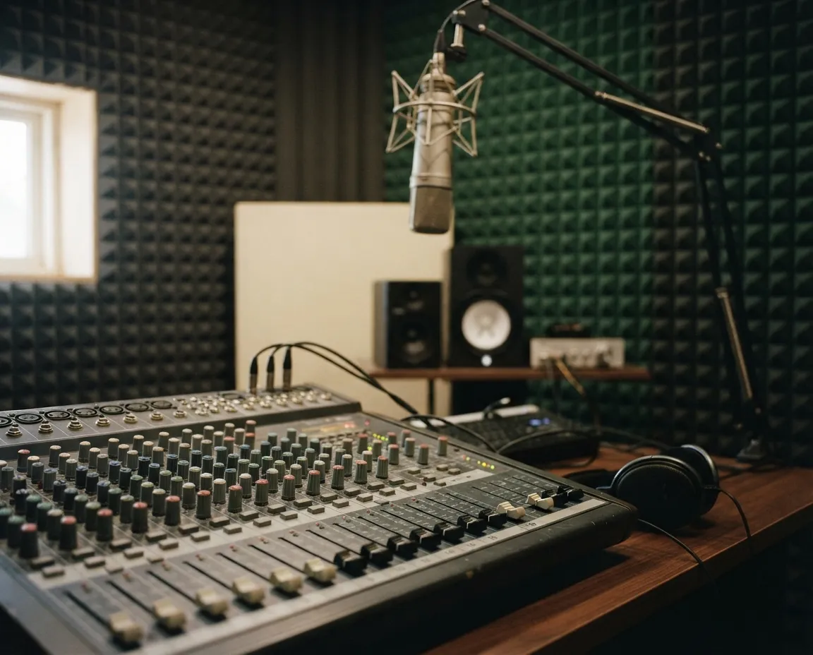 Cabine de post-production sonore, faders de console et mousse acoustique